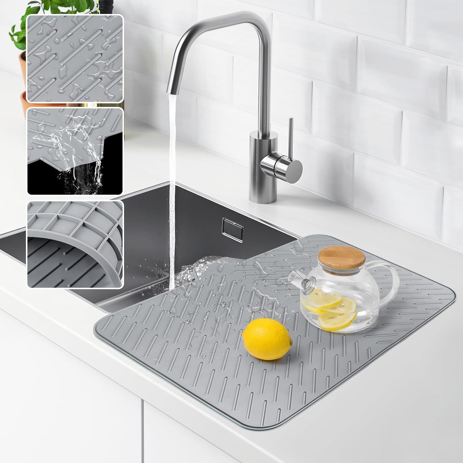 Large Size Silicone Dish Drying Mat with Built-in Drain Lip Dish Drainer Mats for Kitchen Counter Easy-Clean Drainage Pad High Temperature Resistance Tableware Coasters drying mat