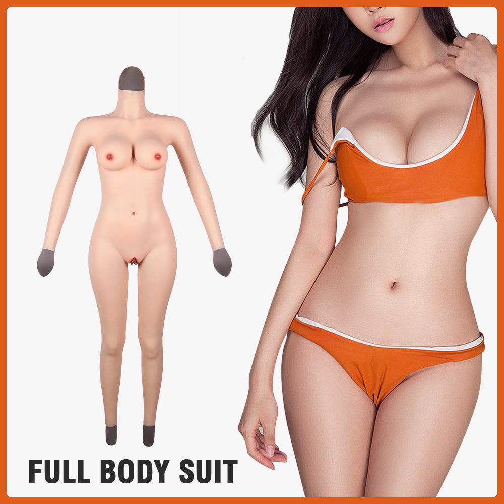 Crossdresser Whole-body Suits with Fake Boobs Silicone Breast Forms with Fake Vagina